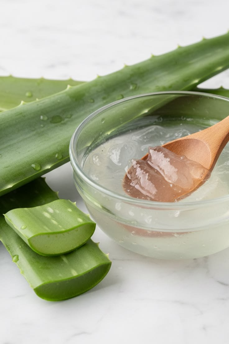 Aloe vera gel and fresh aloe vera leaves