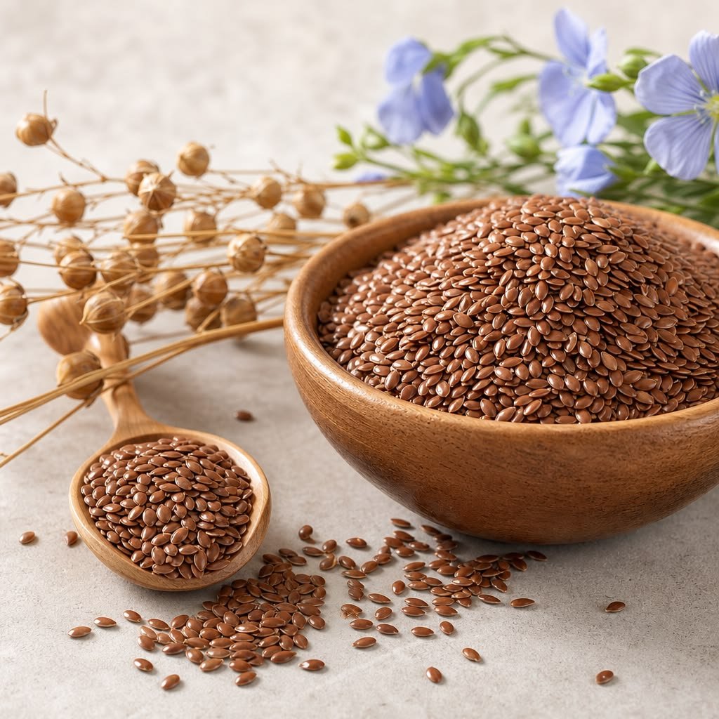 Flax seeds in a wooden bowl